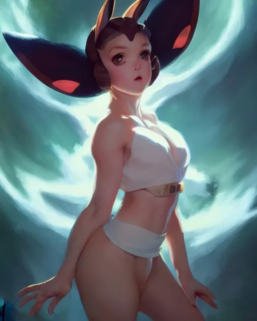 Image similar to photo of eevee pokecmon humanisation, by greg rutkowski, gil elvgren, enoch bolles, glossy skin, pearlescent, anime, very coherent