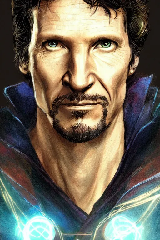 Prompt: Portrait of Todd Howard as Doctor Strange, highly detailed, marvel comics, artstation, digital illustration