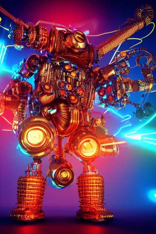 Image similar to portrait photo of a giant huge golden and blue metal futuristic steampunk robot covered with multicolored big gears and tubes, eyes are glowing red lightbulbs, robot holds a huge red electric guitar, shiny crisp finish, 3 d render, 8 k, insaneley detailed, fluorescent colors, background is multicolored lasershow