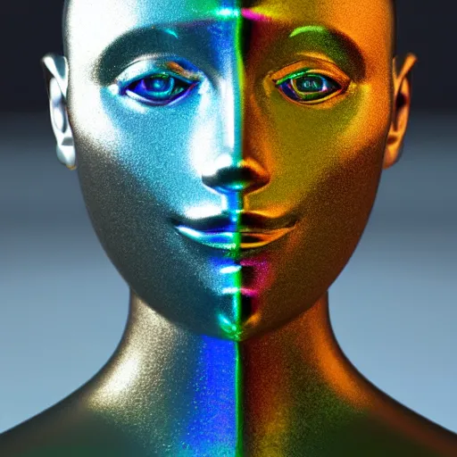 Image similar to 3d render of holographic human robotic head made of glossy iridescent, surrealistic 3d illustration of a human face non-binary, non binary model, 3d model human, cryengine, made of holographic texture, holographic material, holographic rainbow, concept of cyborg and artificial intelligence