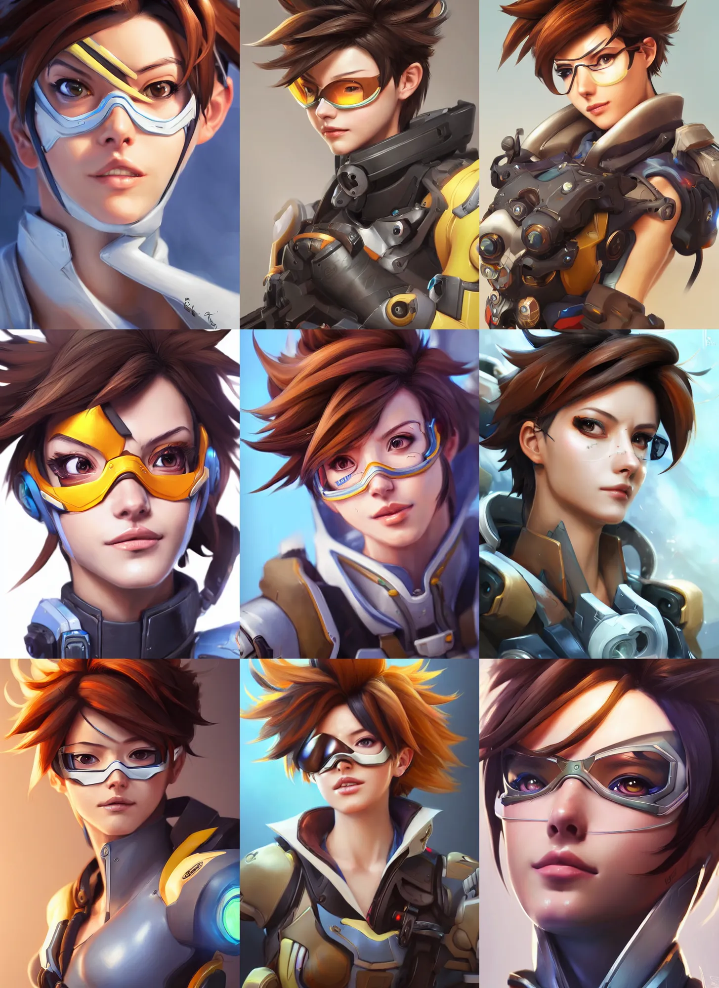 Prompt: A beautiful portrait of Tracer from Overwatch, realistic, highly detailed, by Stanley Artgerm Lau, WLOP, and Rossdraws, digtial painting, trending on ArtStation,