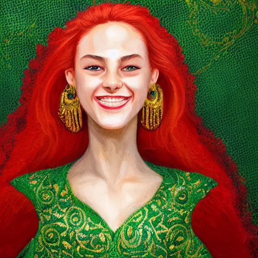 Image similar to Intricate painting of a beautiful young woman in front of a fabric background with red hair and a dark green dress, smiling by Mary Dimary and Craig Mullins, Fabric texture, gold details, gemstones, Golden thread, emeralds, intricate details, intricate patterns 4k, 8k, HDR