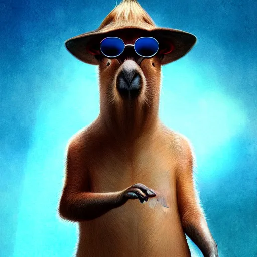 Prompt: a capybara wearing shiny sunglasses and a hat by greg rutkowski, blue and purle lighting, digital art, ultra realistic, ultra detailed, photorealistic, 4k, character concept