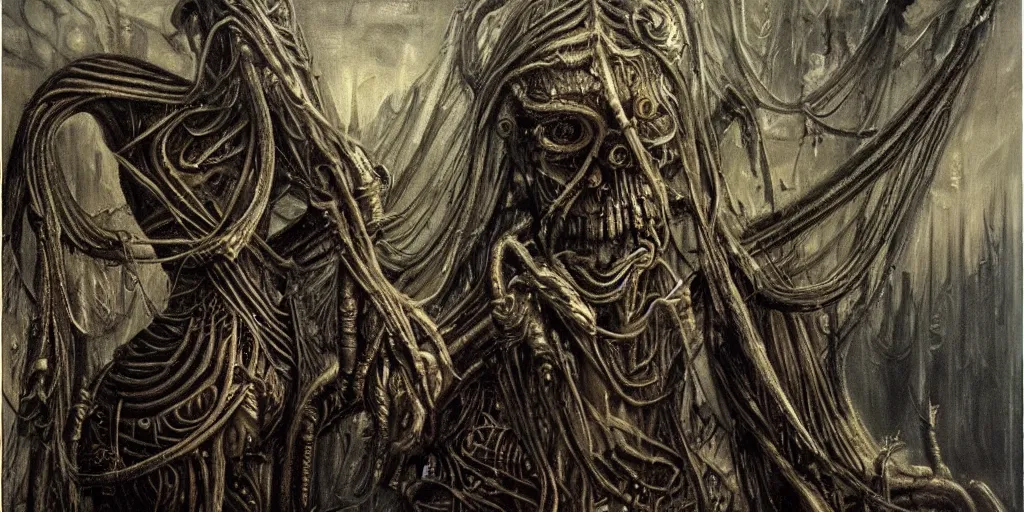 Image similar to a foggy highly detailed oil painting of a aetherpunk god by h. r giger in the style of romanticism art, trending on art station