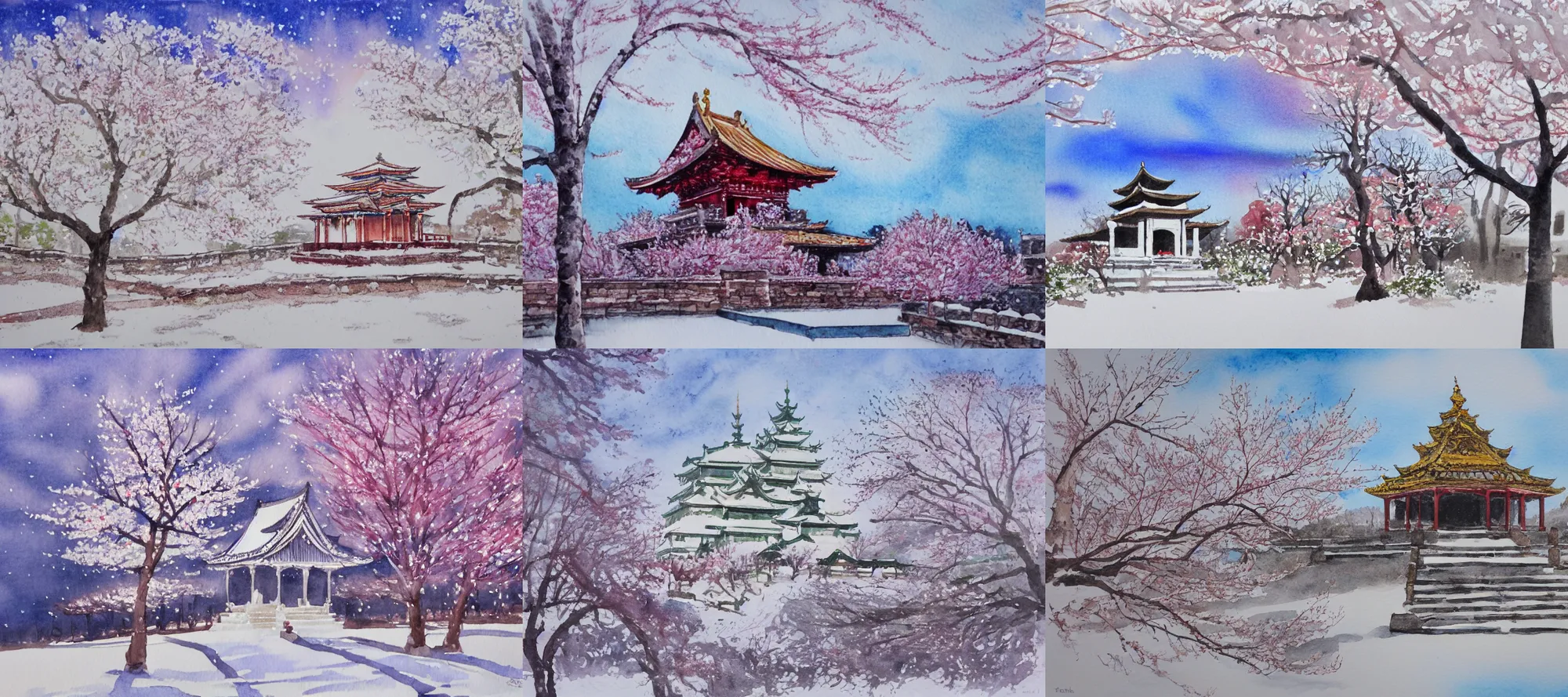Prompt: temple in a snow landscape surrounded by cherry blossom, long shot, watercolour painting