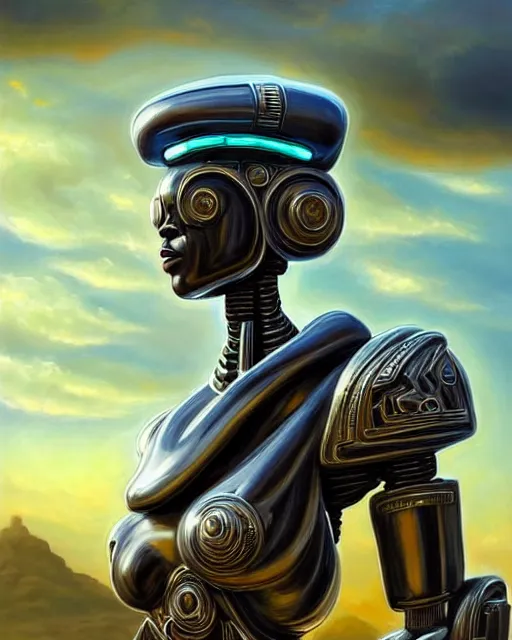 Image similar to a beautiful oil on canvas of a futuristic afrofuturisticb robot soldier, ornate, detailed, intricate, beautiful post - @ pocalyptic landscape in the background, epic sky, vray render, artstation, deviantart, pinterest, sci - fi, afrofuturism, 5 0 0 px models