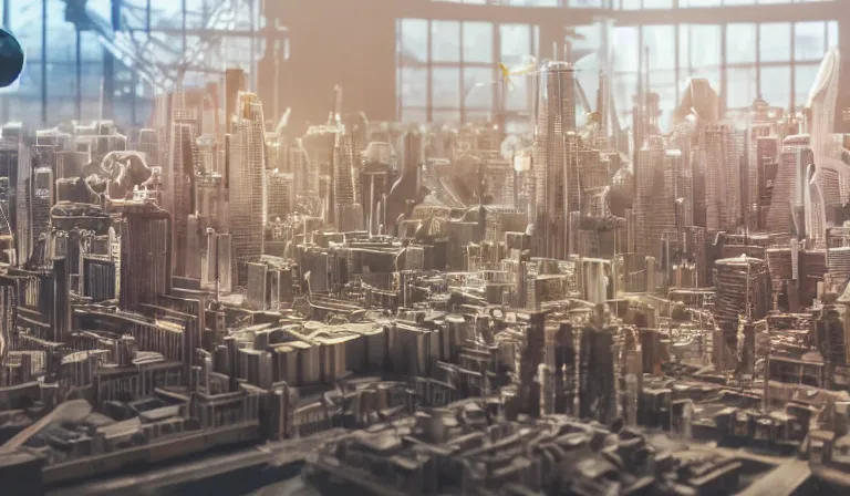 Image similar to group of people in simple warehouse, looking at hologram of futuristic city on a table, cinematic concept art, godrays, golden hour, natural sunlight, 4 k, clear details, tabletop model buildings, center model buildings, hologram center, crane shot, crane shot, crane shot