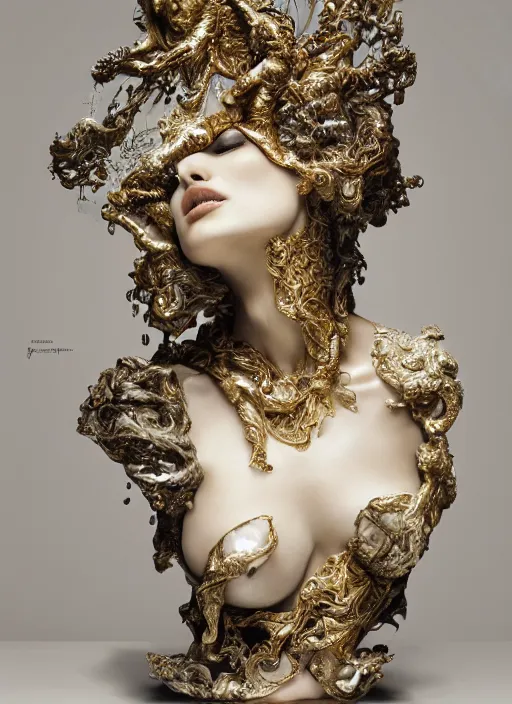 Image similar to beautiful romantic marble sculpture of natalie portman, oil slick, palladium veins, dripping, mandelbulb, hypercube, ivory carving, fractal paisley inlay, lace, intricate, elegant, highly detailed, gold inlay, metallic, ivory, artgerm, lace, by ruan jia, greg rutkowski, mucha, wlop, gil elvgren, nick alm