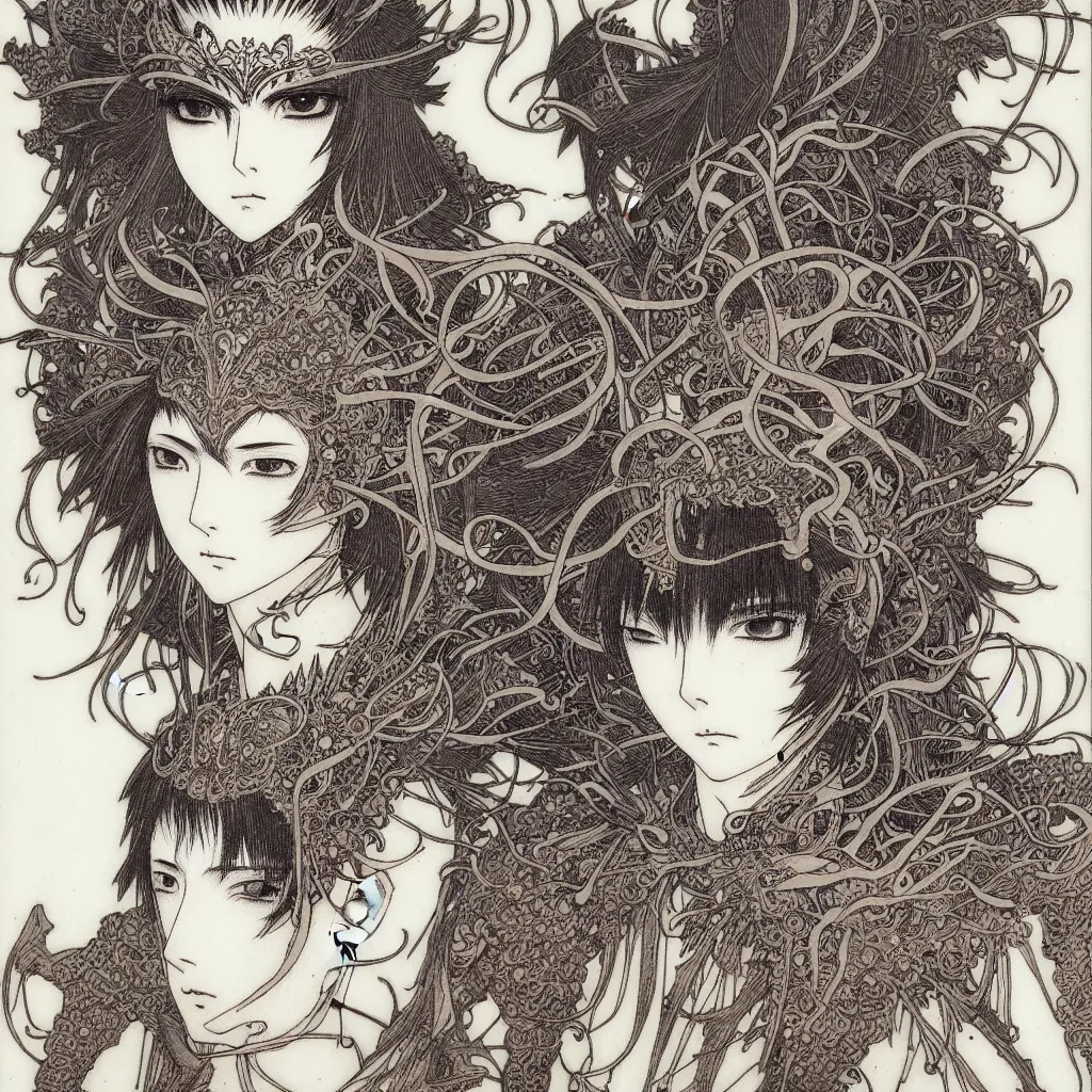 Prompt: prompt: one human Fragile looking character portrait face drawn by Takato Yamamoto, Human inside modernistic looking armor with wild hairstyle, inspired by Evangeleon, clean ink detailed line drawing, intricate detail, manga 1980, portrait centric composition