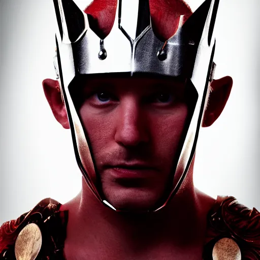 Image similar to man with a crown, smirk, photograph, black backgrounds, glowing red eyes, thor