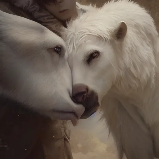 Image similar to a person hugging a large white animal, a detailed painting by krenz cushart, pixiv contest winner, fantasy art, official art, detailed painting, pixiv. highly detailed. 4 k masterpiece. unreal engine. photorealistic. realism. cinematic. photorealism. wideshot