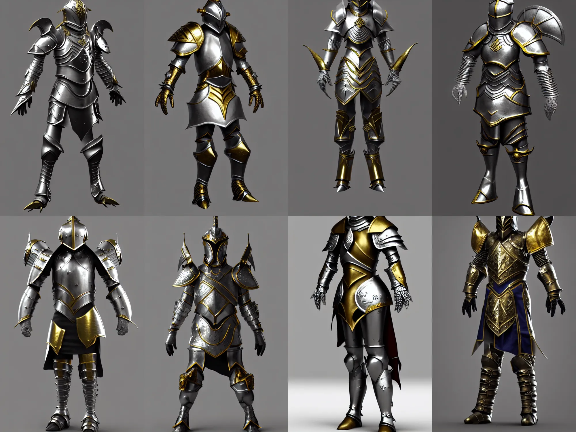 Prompt: render of awesome unusual fantasy armor, silver with gold trim, huge stylized pauldrons, medieval fantasy, extremely clean, exaggerated proportions, trending on Artstation, HD Octane render, 8k