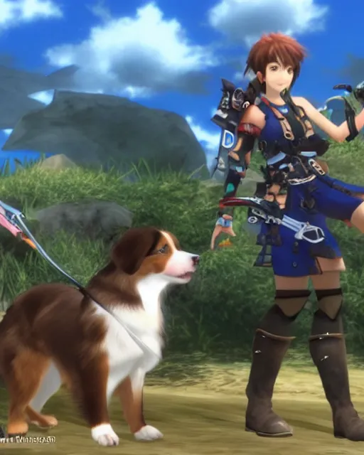 Prompt: australian shepherd with mio in xenoblade chronicles