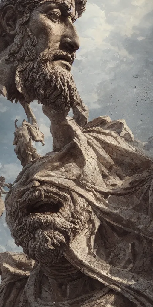 Image similar to looking up at a colossal statue of an old king at the entrance of an ancient greek harbor, greg rutkowski, 8 k, shallow depth of field, intricate detail, concept art,