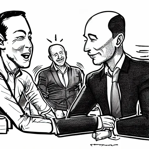 Image similar to illustration of a meeting between elon musk, mark zuckenberg, jeff bezos, very detailled, by artgem