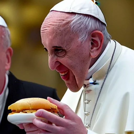 Image similar to the pope eating an hamburger at mcdonald's