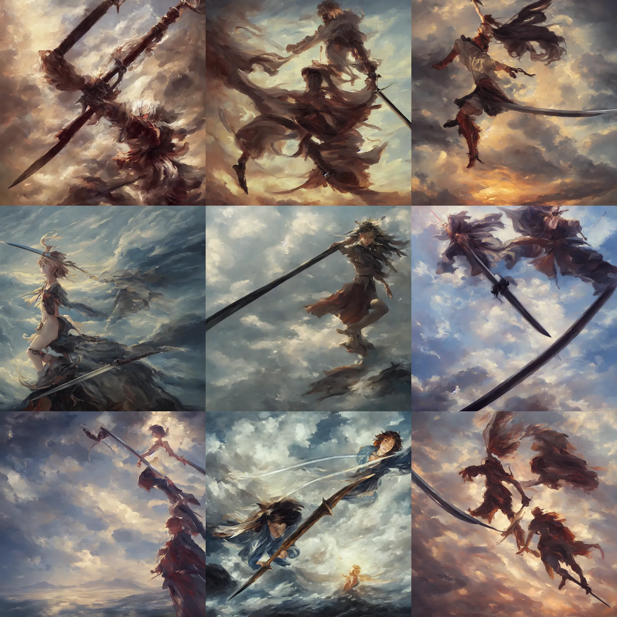 Prompt: classical oil painting of a sword, wind, energy, fantasy, trending on artstation, stylistic, brush strokes, oil, canvas, beautiful, by kawacy and makoto shinkai