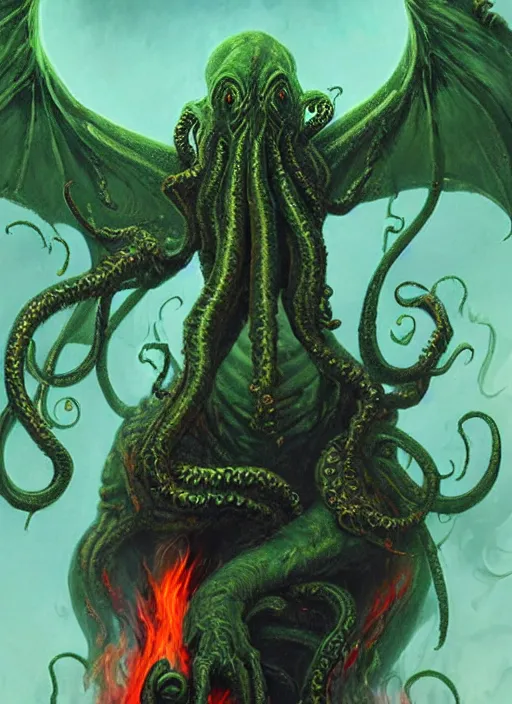 Prompt: cthulhu comprised entirely of flames, digital art by eugene de blaas and ross tran, vibrant color scheme, highly detailed, in the style of romanticism, cinematic, artstation, greg rutkowski