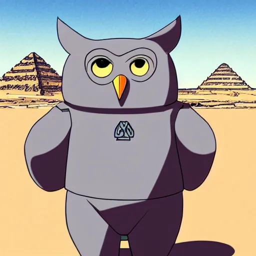 Image similar to a study of cell shaded cartoon of a mechanized grey owl from howl's moving castle ( 2 0 0 4 ), in front of pyramids on a desert road, full body, wide shot, very muted colors, post grunge, studio ghibli, laurie greasley, highly detailed, deviantart, art by artgem