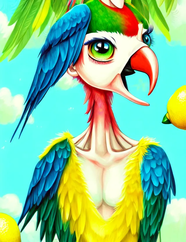 Prompt: a cute anthropomorphic macaw parrot girl anthro wearing a lemon lime ribbon, park background, very anime!!! kawaii!! furry!! intricate details, aesthetically complementary colors, scenic background, art by rising artists with a radically new style. trending on artstation, top rated on pixiv and furaffinity