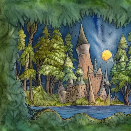 Image similar to laputa castle in the sky flies over the forest, watercolor illustration for a book