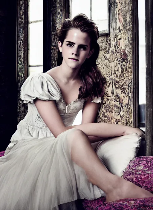 Image similar to Emma Watson for Victorian Secret, perfect face, morning sleeping bedroom, full length shot, colorful, XF IQ4, 150MP, 50mm, f/1.4, ISO 200, 1/160s, natural light, Adobe Photoshop, Adobe Lightroom, DxO Photolab, Corel PaintShop Pro, rule of thirds, symmetrical balance, depth layering, polarizing filter, Sense of Depth, AI enhanced