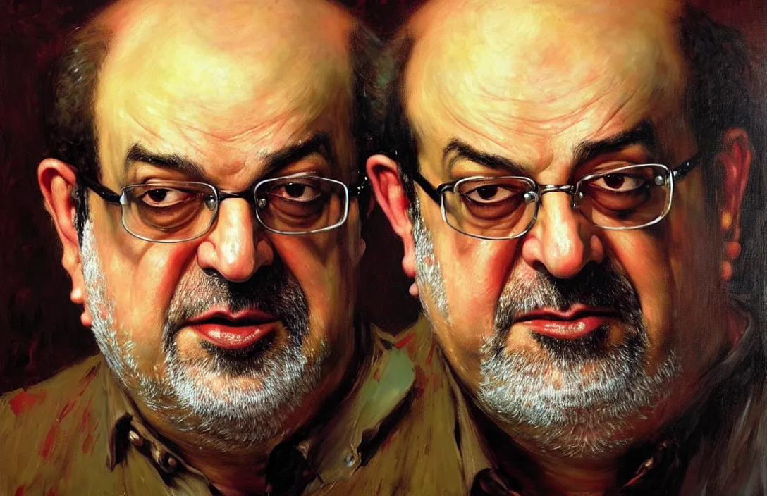 Image similar to portrait of salman rushdie!!!!!!!!!!!!!!!!!!!!!!!!!!!, detailed face, detailed painting, epic lighting, by ilya repin, phil hale and kent williams