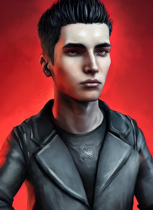 Image similar to An epic fantasy comic book style portrait painting of a young man with black undercut haircut, wearing black overcoat, red clothes, blue jeans. Unreal 5, DAZ, hyperrealistic, octane render, cosplay, RPG portrait, dynamic lighting