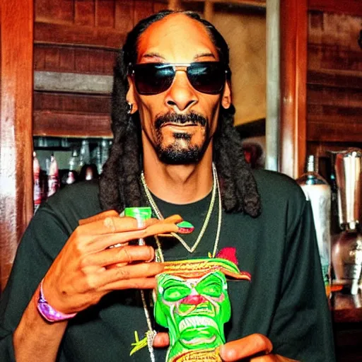 Image similar to snoop dogg at trader vic's bar holding a tiki mug with his face on it