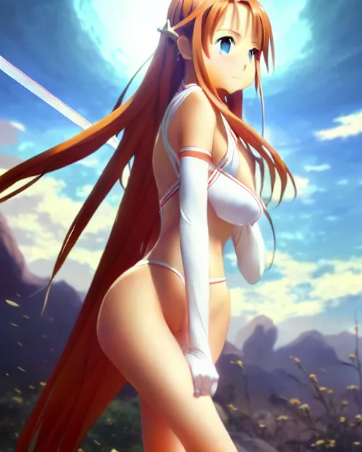 Prompt: very beautiful photo of asuna from sao, asuna by a - 1 pictures, by greg rutkowski, gil elvgren, enoch bolles, glossy skin, pearlescent, anime, maxim magazine, vert coherent