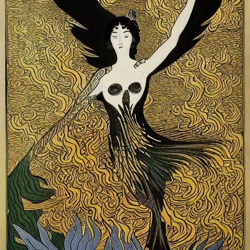 Prompt: A phoenix in fire bathes where water lilies are floating, lithography by Aubrey Beardsley, High definition, detailed,