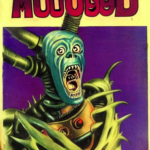 Image similar to portrait of a robo - monster. cover of famous monsters of filmland, 1 9 7 4, painted by basil gogos.