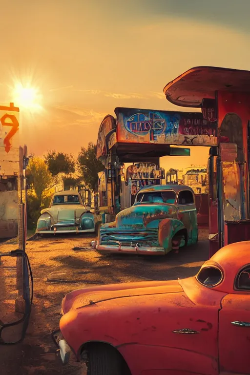 Image similar to a sunset light landscape with historical route 6 6, lots of sparkling details and sun ray ’ s, blinding backlight, smoke, volumetric lighting, colorful, octane, 3 5 mm, abandoned gas station, old rusty pickup - truck, beautiful epic colored reflections, very colorful heavenly, softlight