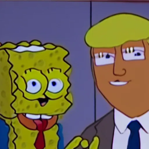 Image similar to cctv footage of spongebob meeting donald trump,