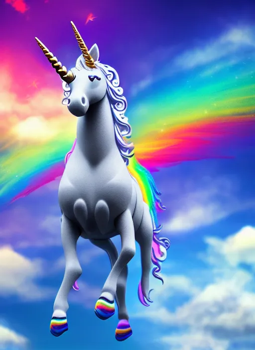 Image similar to intricate unicorn with wings, rainbow, on the background of a weird magical sky with clouds. Very detailed 8k. Fantasy. Sharp. Cinematic post-processing