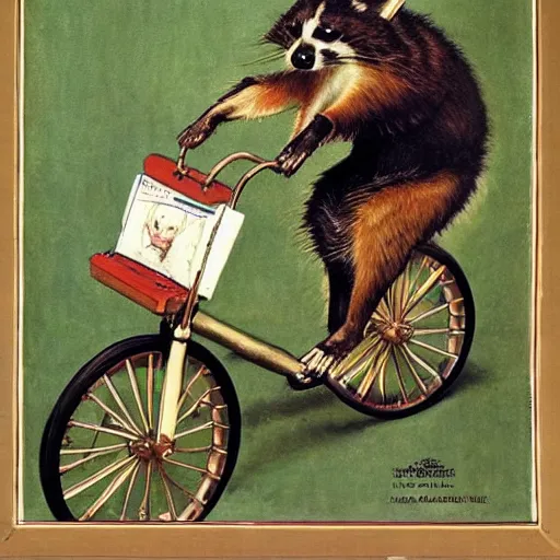 Prompt: Norman Rockwell painting of a raccoon riding a penny-farthing