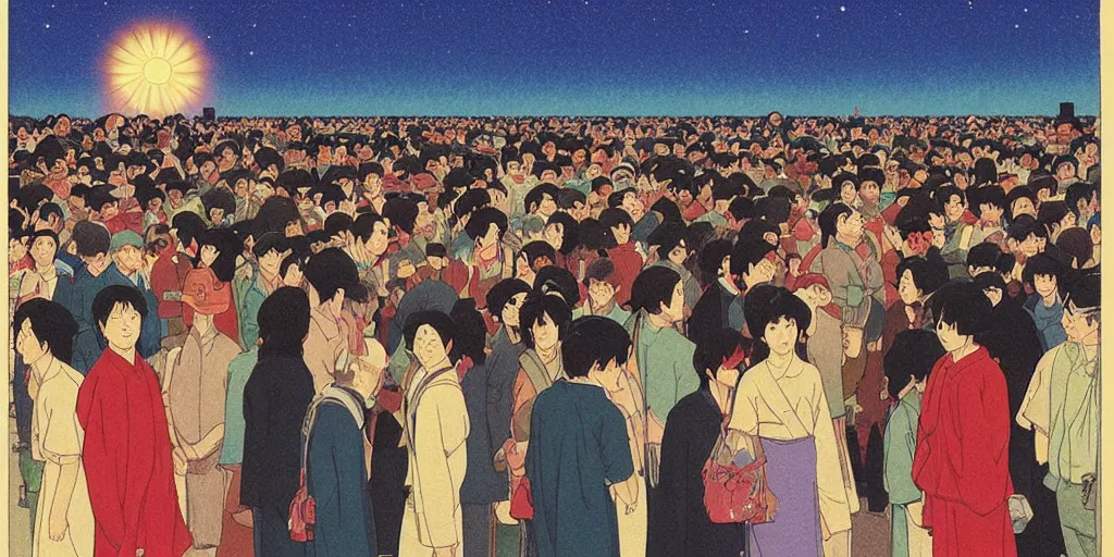 Prompt: a crowd of people looking up at a the sun in the sky, risograph by kawase hasui, edward hopper, satoshi kon and moebius, studio ghibli, no text!, colorful flat surreal design, super - detailed, a lot of tiny details, fullshot