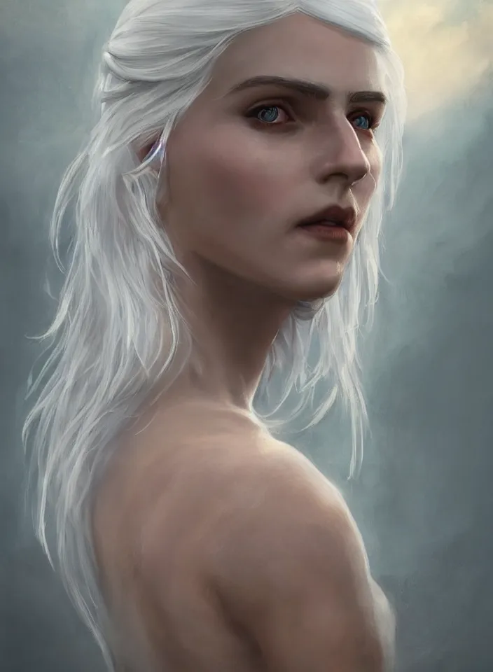 Prompt: a half portrait of ciri from the witcher 3 wearing a white sundress from skyrim, platinum hair, fantasy setting, beautiful face, warm colors, serene lighting, atmospheric, cinematic, moody, in the style of diego koi, gina heyer, luiz escanuela, art by alyssa monk, hyperrealism, rule of thirds, golden ratio, oil on canvas, 8 k