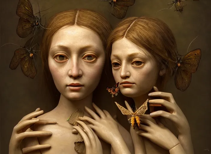 Image similar to a cinematic portrait of a beautiful female jointed handmade wooden doll, holding each other, abandoned, surrounded by big moths and withered lilies, by james c. christensen, by tomasz alen kopera, by raphael, 8 k, rendered in octane, cinematic, 3 d, volumetric lighting, highly detailed