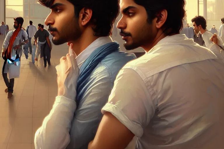 Image similar to Anxious good looking pale young Indian doctors wearing jeans and shirts at the airport, portrait, elegant, intricate, digital painting, artstation, concept art, smooth, sharp focus, illustration, art by artgerm and greg rutkowski and alphonse mucha