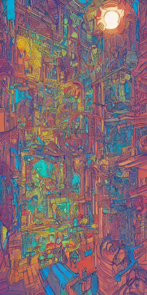 Image similar to the mission in san francisco an ultrafine detailed illustration by james jean, intricate linework, bright colorful colors, behance contest winner, vanitas, angular, altermodern, unreal engine 5 highly rendered, global illumination, radiant light, detailed and intricate environment