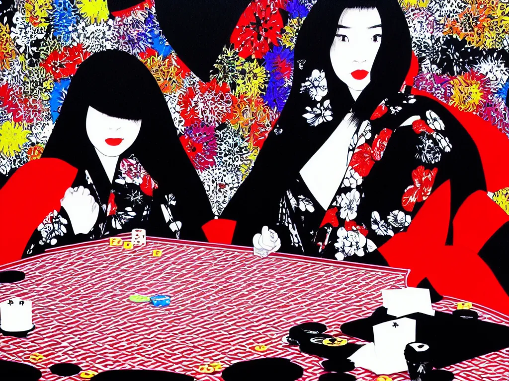 Image similar to hyperrealism composition of the detailed woman in a japanese kimono sitting at an extremely detailed poker table with darth vader, fireworks on the background, pop - art style, jacky tsai style, andy warhol style, acrylic on canvas