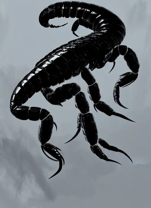 Prompt: Beautiful giant shiny black scorpion. Dramatic look. In style of Hyung-tae Kim, Greg Rutkowski and Larry Elmore, concept art, trending on ArtStation, over-detailed art, 8K, epic, dynamic lightning, scenery.