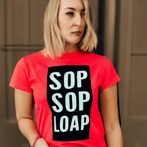 Prompt: a t - shirt with the words stop look listen in red,