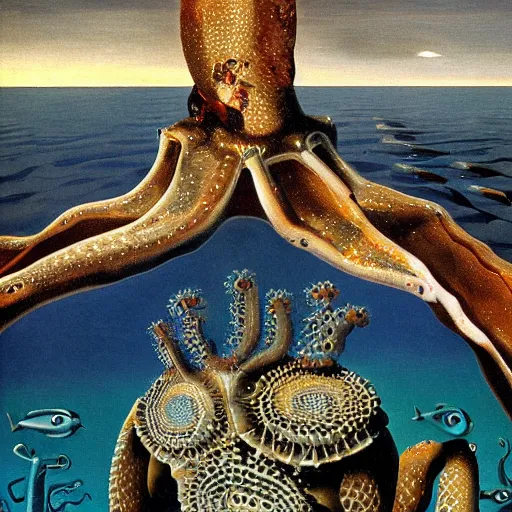 Image similar to a cybernetic Callistoctopus macropus giving a lecture in a shallow area of the Mediterranean Sea, midnight in Cap de Creus, oil painting by Salvador Dali