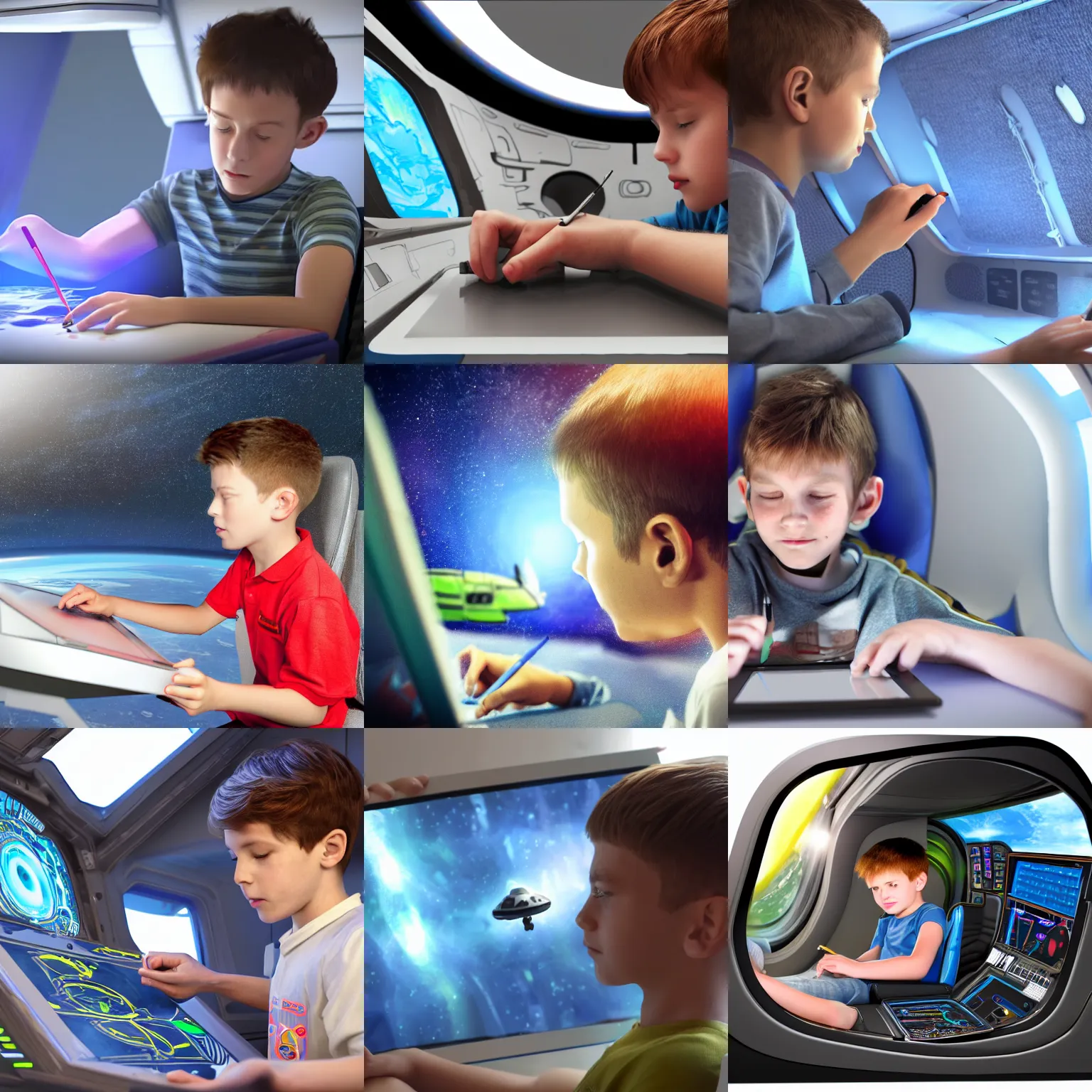 Prompt: a young boy sits in the cockpit of a spaceship drawing a picture on his tablet computer. cgi render. 4k. detailed.