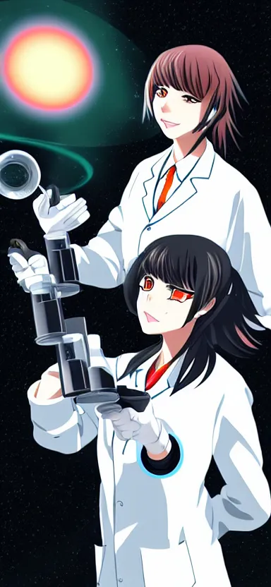 Image similar to an anime art of a female scientist in a laboratory holding a black hole, concept art, stylised, elegant, illustration, oc commission, high detailed