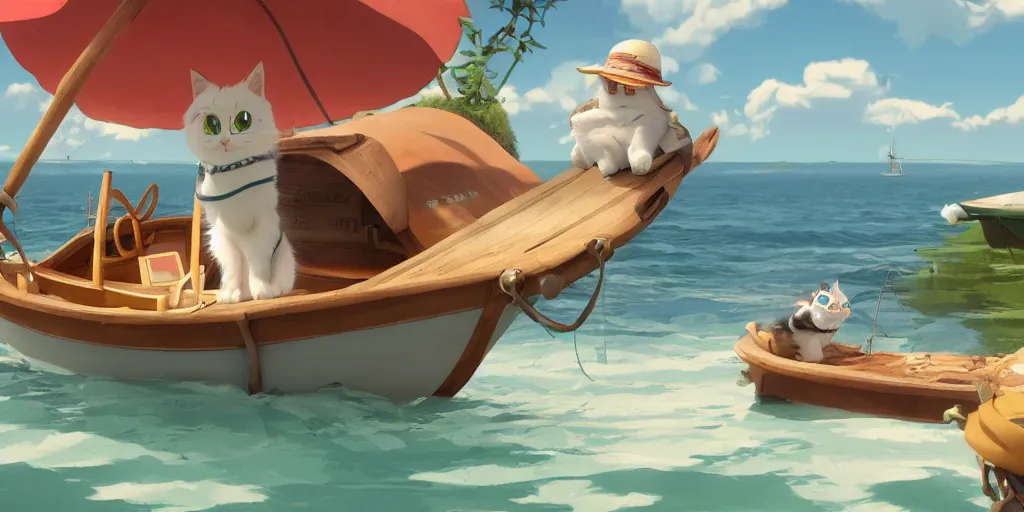 Image similar to a wholesome animation key shot of a cute cat on a fishing boat wearing a sunhat, studio ghibli, pixar and disney animation, sharp, rendered in unreal engine 5, anime key art by greg rutkowski, bloom, dramatic, dynamic lighting