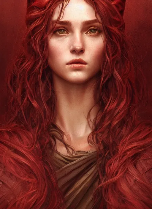 Image similar to vertical portrait of a ruggedly handsome female cleric, soft hair, close - up face, leather, witchy, d & d, fantasy, intricate, elegant, highly detailed, digital painting, artstation, concept art, smooth, sharp focus, illustration, art by artgerm and greg rutkowski and alphonse mucha, plain red background