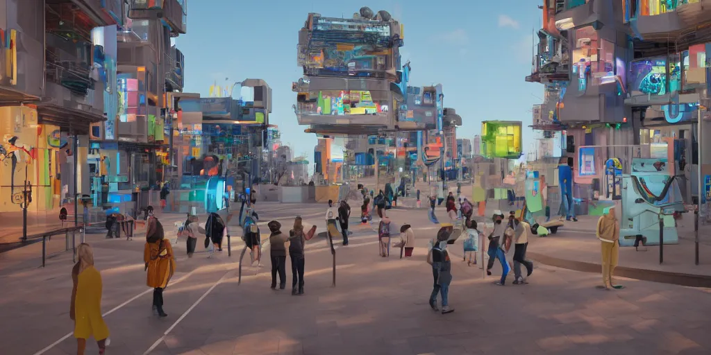 Prompt: A colorful science fiction neigbourhood, in the future. The walls change colour and shape depending on the clothing of the people walking in front of them, epic lighting, 8K, Rendered in Cinema4D, 8K 3D, CGSociety, ZBrush, volumetric light, lightrays, wide angle shot, atmospheric, octane